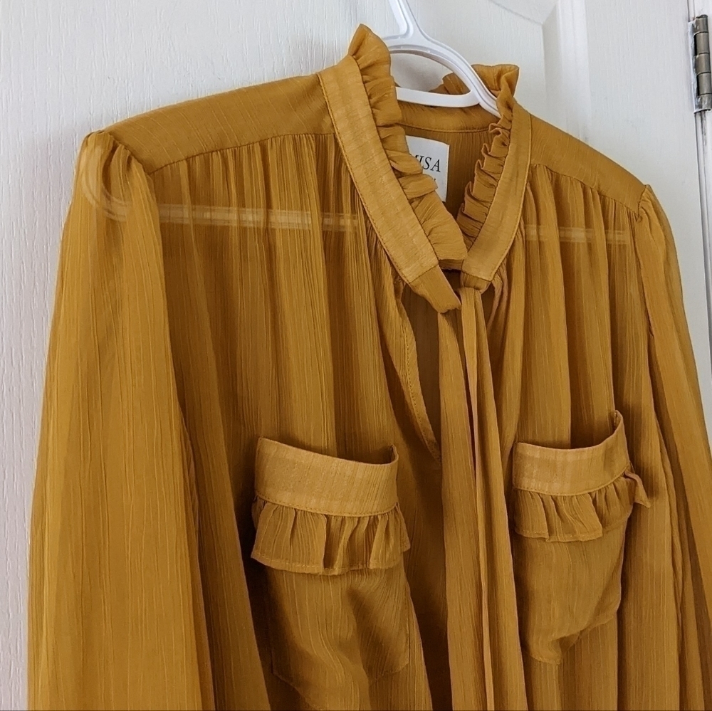 MISA Los Angeles ruffled collar puff sleeves mustard yellow viscose blouse Small - Picture 6 of 11